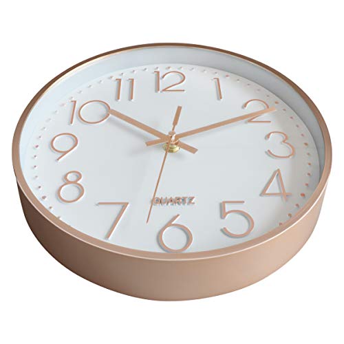 Foxtop Moderno Silencioso Grandes Decorativos Cuarzo Redondo Reloj de Pared sin Tic TAC para Cocina Dormitorio Escuela Oficina Sala de Estar, Ø: 30 cm, Oro Rosa