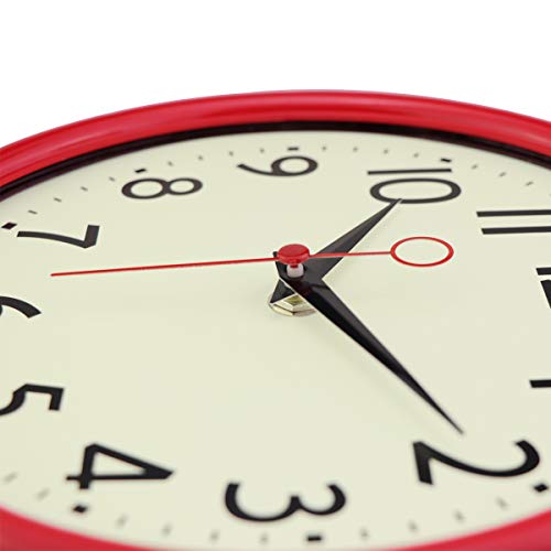 Foxtop Retro Silencioso Grandes Decorativos Cuarzo Redondo Reloj de Pared sin Tic Tac para Cocina Dormitorio, Ø: 23 cm, Rojo