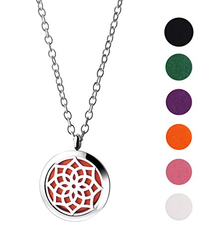 Fragancia regalo TM surgical-grade hypoallegenic 316L acero inoxidable collar de difusor de fragancia, 23.8 "cadena con 4 almohadillas de recambio (silver-lotus Mandala)