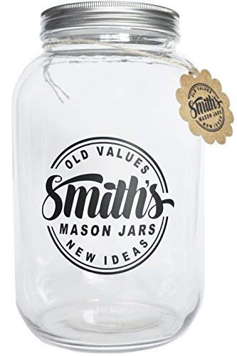 Frasco de vidrio de boca ancha de 1 galón (128 oz / 3.7L) con tapas de plástico y metal - Tira de temperatura GRATUITA