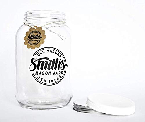 Frasco de vidrio de boca ancha de 1 galón (128 oz / 3.7L) con tapas de plástico y metal - Tira de temperatura GRATUITA