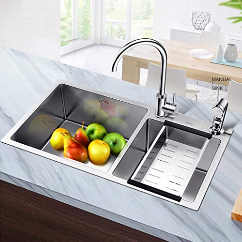 Fregaderos de un seno Industrial fregadero doble en la cuba de acero inoxidable 304 espesado fregadero fregadero de cocina vegetal vegetal cuenca del fregadero (Color : Silver, Size : 75 * 41 * 22cm)