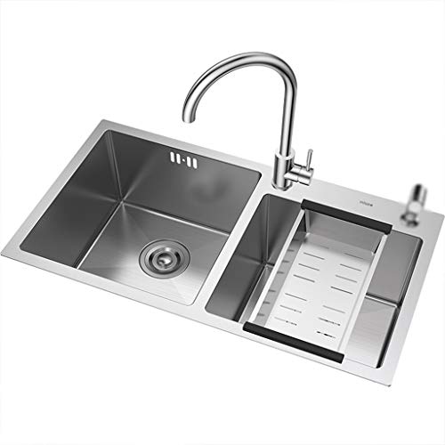Fregaderos de un seno Industrial fregadero doble en la cuba de acero inoxidable 304 espesado fregadero fregadero de cocina vegetal vegetal cuenca del fregadero (Color : Silver, Size : 75 * 41 * 22cm)