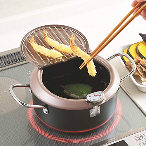 Freidora Sarten Tempura Japonesa Freidora con el Goteo del Aceite Escurridor de Cremallera y Termómetro de Cocina para Cocinar en Casa,20cm