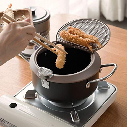 Freidora Sarten Tempura Japonesa Freidora con el Goteo del Aceite Escurridor de Cremallera y Termómetro de Cocina para Cocinar en Casa,20cm