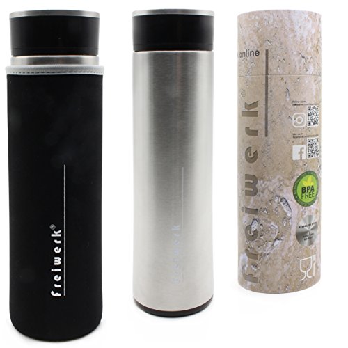 freiwerk® té Termo Botella Fabricante colador infusor Vidrio Doble Pared Libre de BPA Manga de Neopreno Acero Inoxidable Cepillado 360ml