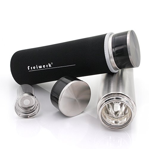 freiwerk® té Termo Botella Fabricante colador infusor Vidrio Doble Pared Libre de BPA Manga de Neopreno Acero Inoxidable Cepillado 360ml