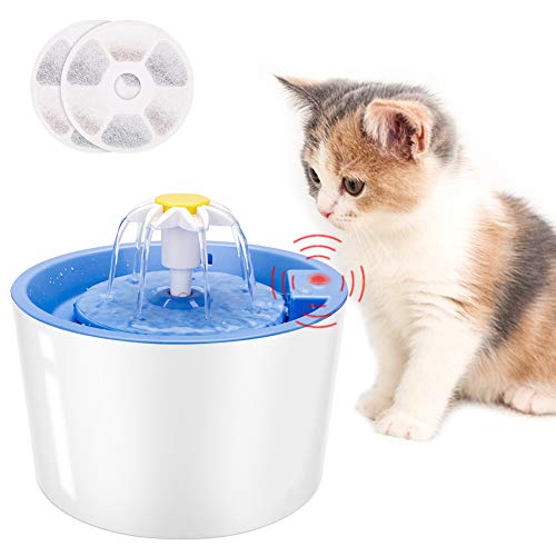 Fuente de Agua para Gatos, Dispensador de Agua para Perros, 【Upgrade】Fuente Para Beber Automática Súper Silenciosa de 1.6L para Mascotas con Función de Sensor Infrarrojo (incluye 2 filtros) (Azul)