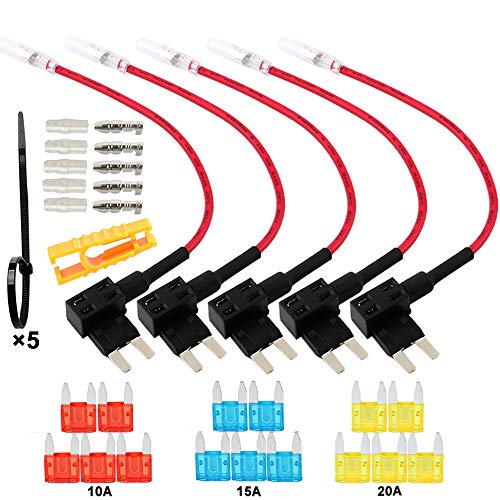 FULARR® 5Pcs Premium ACS Pequeño Add-A-Circuit Fusible Tap Adaptador, Portafusibles Estilo Cuchilla, con Gratis 15Pcs Mini Fusible, 1Pcs Fusible Puller y 5Pcs Cables Ataduras –– 12V / 24V