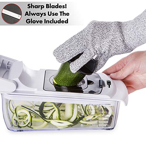 fullstar Cortador de Verduras Multiusos Mandolina Rallador con 7 Cuchillas de Acero Inoxidable para Rallar y Cortar en Dados, Bastón, Juliana y Espiral | Accesorio de Cocina con Contenedor y Guante