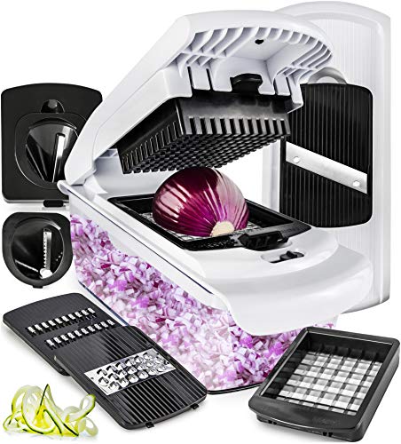 fullstar Cortador de Verduras Multiusos Mandolina Rallador con 7 Cuchillas de Acero Inoxidable para Rallar y Cortar en Dados, Bastón, Juliana y Espiral | Accesorio de Cocina con Contenedor y Guante