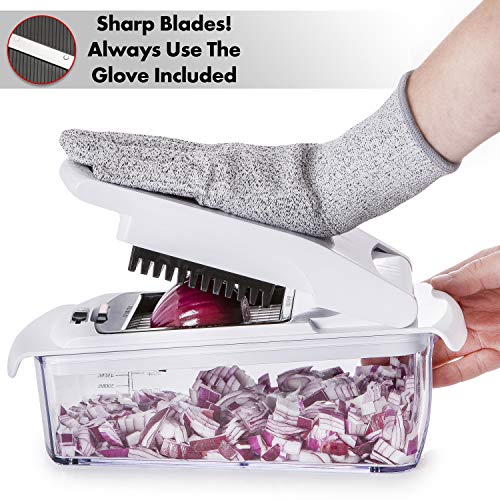 fullstar Cortador de Verduras Multiusos Mandolina Rallador con 7 Cuchillas de Acero Inoxidable para Rallar y Cortar en Dados, Bastón, Juliana y Espiral | Accesorio de Cocina con Contenedor y Guante