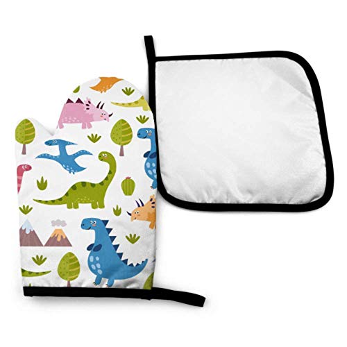 Fun Oven Mitts Baby Dinosaur Cute Cartoon Guantes de horno para hombre Guantes de horno y agarradera Set Impermeable Resistente al calor para barbacoa Cocinar Hornear Asar a la parrilla Barbacoa