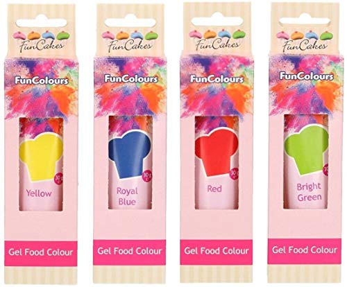 Funcakes - Colorante concentrado en Gel para fondant, glaseados, mazapán, cremas.. (Pk de 4, amarillo, azul real, rojo, verde brilliante)
