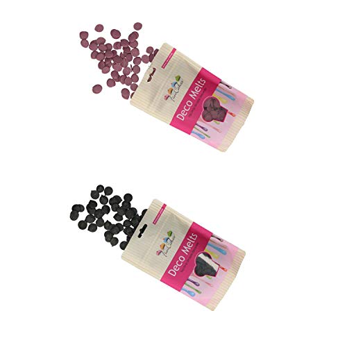 FunCakes - Decor Melts - 250g Ideal para Hacer gotitas o lineas sobre Bombones, piruletas o Cubrir Galletas, Frutas, y Mucho más!- Pack de Colores (Morado y Negro)