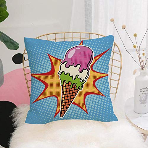 Funda de Cojín duradero Fundas de Almohada Decorativa,Decoración de helado, cono de arte pop retro con puntos digitales Estilo de vida cómico Gráfi,Funda de Cojín con Cremallera Invisible 45 x 45 cm