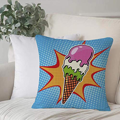 Funda de Cojín duradero Fundas de Almohada Decorativa,Decoración de helado, cono de arte pop retro con puntos digitales Estilo de vida cómico Gráfi,Funda de Cojín con Cremallera Invisible 45 x 45 cm