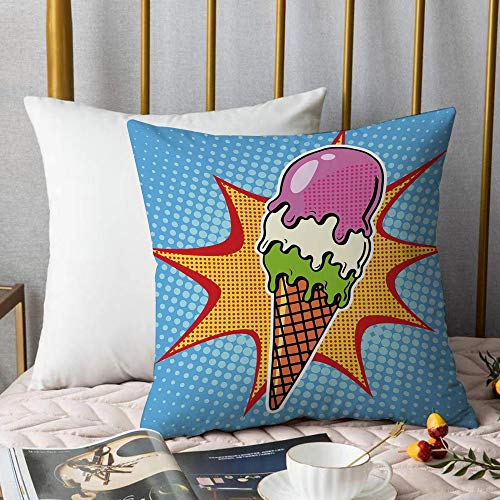 Funda de Cojín duradero Fundas de Almohada Decorativa,Decoración de helado, cono de arte pop retro con puntos digitales Estilo de vida cómico Gráfi,Funda de Cojín con Cremallera Invisible 45 x 45 cm