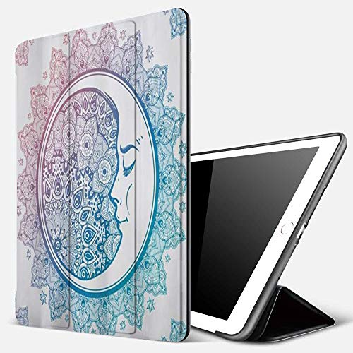 Funda iPad 10.2 Inch 2018/2019,Estrella Mandala Brújula Luna Creciente Cara Sueño Bohemio Loto Verde Azulado Turquesa Púrpura,Cubierta Trasera Delgada Smart Auto Wake/Sleep