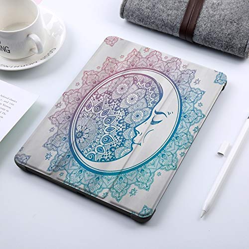 Funda iPad 10.2 Inch 2018/2019,Estrella Mandala Brújula Luna Creciente Cara Sueño Bohemio Loto Verde Azulado Turquesa Púrpura,Cubierta Trasera Delgada Smart Auto Wake/Sleep