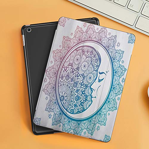 Funda iPad 10.2 Inch 2018/2019,Estrella Mandala Brújula Luna Creciente Cara Sueño Bohemio Loto Verde Azulado Turquesa Púrpura,Cubierta Trasera Delgada Smart Auto Wake/Sleep