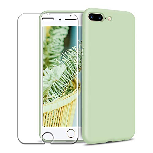Funda iPhone 7 Plus/iPhone 8 Plus + Protector de Pantalla de Vidrio Templado, Carcasa Ultra Fino Suave Flexible Silicona Colores del Caramelo Protectora Caso Anti-rasguños Back Case - Menta Verde