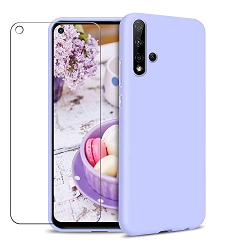 Funda para Huawei Nova 5T / Huawei Honor 20 + Protector de Pantalla de Vidrio Templado, Carcasa Ultra Fino Suave Flexible Silicona Colores del Caramelo Protectora Caso Anti-rasguños Case Morado Claro