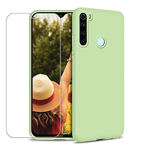 Funda para Xiaomi Redmi Note 8 + Protector de Pantalla de Vidrio Templado, Carcasa Ultra Fino Suave Flexible Silicona Colores del Caramelo Protectora Caso Anti-rasguños Case - Menta Verde