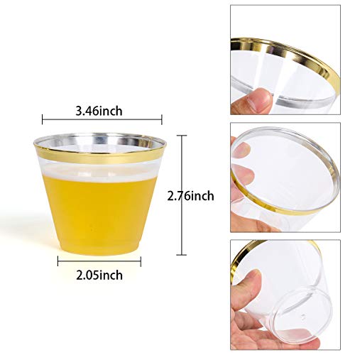 Funhoo Paquete de 100 tazas de plástico de 9 oz. Copa para beber, taza desechable transparente para beber con borde dorado para la fiesta de cumpleaños Wedding Bar Cafe Hotel (100pcs)