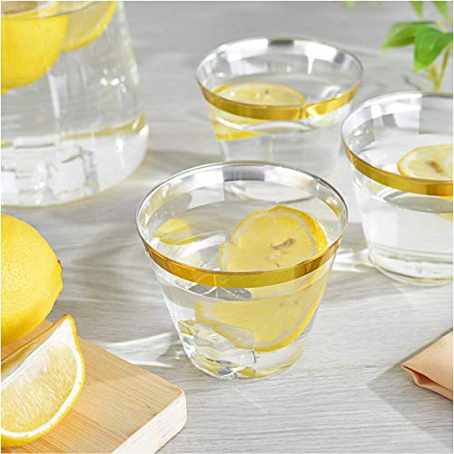 Funhoo Paquete de 100 tazas de plástico de 9 oz. Copa para beber, taza desechable transparente para beber con borde dorado para la fiesta de cumpleaños Wedding Bar Cafe Hotel (100pcs)
