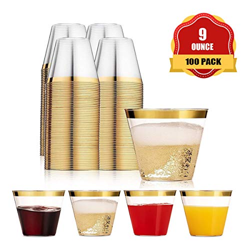 Funhoo Paquete de 100 tazas de plástico de 9 oz. Copa para beber, taza desechable transparente para beber con borde dorado para la fiesta de cumpleaños Wedding Bar Cafe Hotel (100pcs)