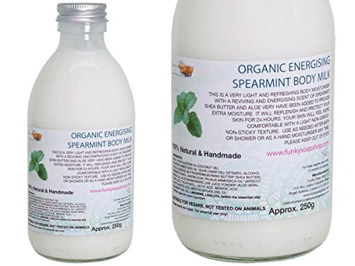 Funky Soap Orgánico Energético Menta Verde Leche Corporal, Plástico Libre, Frasco de Vidrio de 250ml