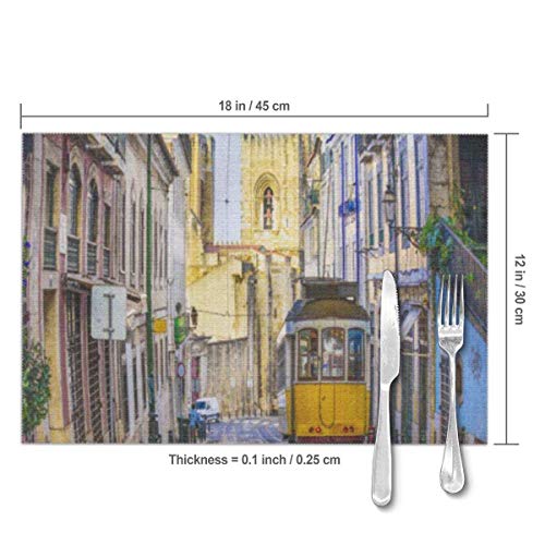 Funny Z Juego de 4 manteles Individuales para Mesa de Comedor, manteles Individuales Antideslizantes Lavables, Skyline Lisboa Portugal Tram City Lisboa Alleyway Street Train