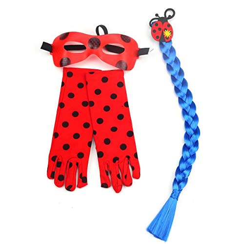 furein Kit Trenza Sintética Azul / Guantes y Antifaz para Disfraz Personaje Ladybug Modelo Talla Única para Mujer (52058)