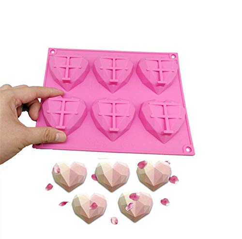 Fyuan Chocolate Silicone Dessert Mould para Mousses Ice Cream Chiffon Cakes Pan Baking Cupcake Mould, 6 hoyos Corazón de diamante, rosa, paquete de 1