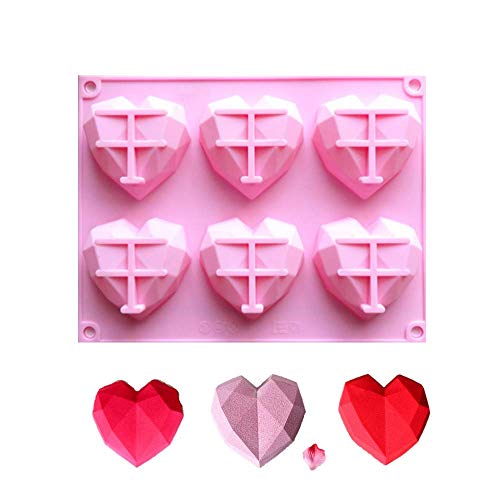 Fyuan Chocolate Silicone Dessert Mould para Mousses Ice Cream Chiffon Cakes Pan Baking Cupcake Mould, 6 hoyos Corazón de diamante, rosa, paquete de 1
