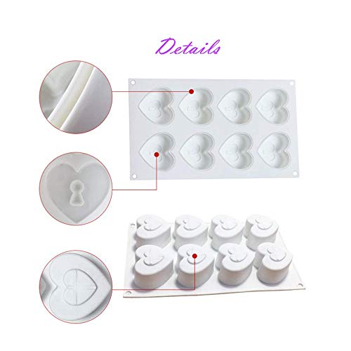 Fyuan Moldes de silicona Mousse en 3D Molde DIY para decoración de pasteles Pudín de jalea Chocolate dulce, 8 hoyos Corazón con 4 teclas, Blanco, juego de 5