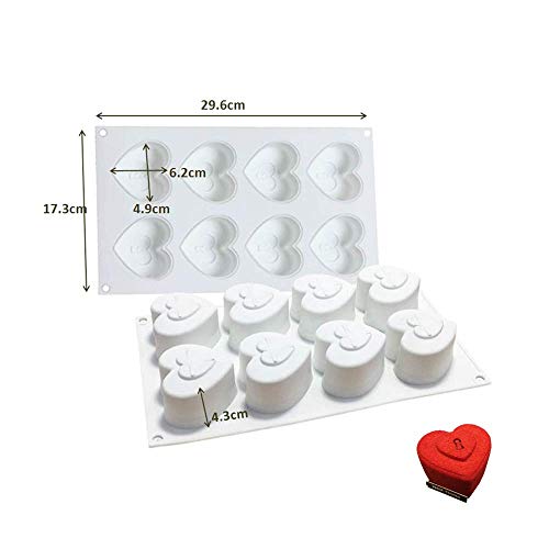 Fyuan Moldes de silicona Mousse en 3D Molde DIY para decoración de pasteles Pudín de jalea Chocolate dulce, 8 hoyos Corazón con 4 teclas, Blanco, juego de 5