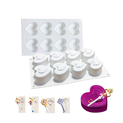 Fyuan Moldes de silicona Mousse en 3D Molde DIY para decoración de pasteles Pudín de jalea Chocolate dulce, 8 hoyos Corazón con 4 teclas, Blanco, juego de 5