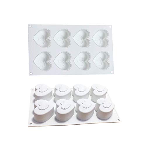 Fyuan Moldes de silicona Mousse en 3D Molde DIY para decoración de pasteles Pudín de jalea Chocolate dulce, 8 hoyos Corazón con 4 teclas, Blanco, juego de 5