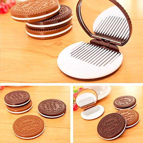 Galletas de chocolate compacto espejo estilo lindo Cocca Cookie forma pequeño bolsillo plegable espejo de maquillaje portátil con peine