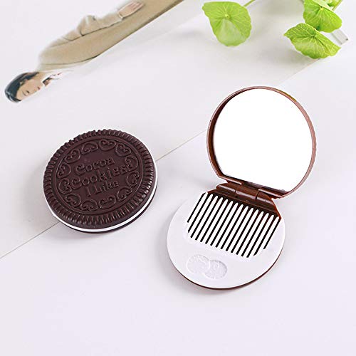 Galletas de chocolate compacto espejo estilo lindo Cocca Cookie forma pequeño bolsillo plegable espejo de maquillaje portátil con peine