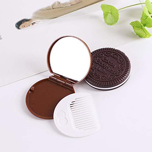 Galletas de chocolate compacto espejo estilo lindo Cocca Cookie forma pequeño bolsillo plegable espejo de maquillaje portátil con peine