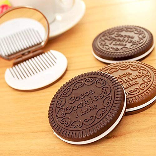 Galletas de chocolate compacto espejo estilo lindo Cocca Cookie forma pequeño bolsillo plegable espejo de maquillaje portátil con peine