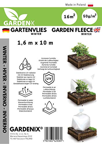 GARDENIX® 16 m² Vellón de protección contra Congelación para Invierno, Alta estabilización UV, Permeable al Agua, Cubierta de Invierno para Plantas (1,6m x 10m)
