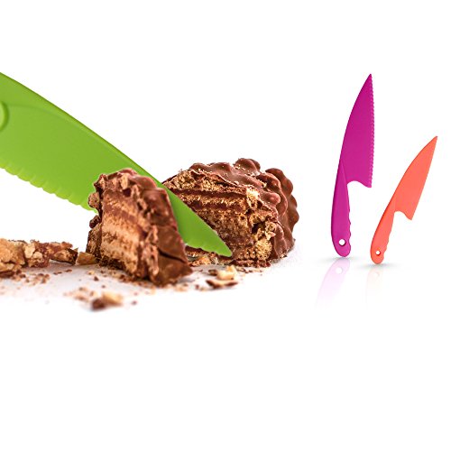GarMills Set de Cuchillos para Niños, 3 Unidades en 3 Colores, para Niños, Cuchillos de Cocina Seguros de Nailon, con Tabla de Picar de Plástico, Set de 4, para Pan, Lechuga o Ensalada.