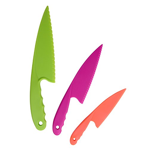 GarMills Set de Cuchillos para Niños, 3 Unidades en 3 Colores, para Niños, Cuchillos de Cocina Seguros de Nailon, con Tabla de Picar de Plástico, Set de 4, para Pan, Lechuga o Ensalada.