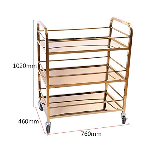 GBX Carretilla de mano portátil multifunción Reciclaje de vehículos, servicio de bebidas con ruedas de titanio Se puede mover Rueda de goma 2 bandejas con barandilla con freno Cocina, carga 30 kg,Oro