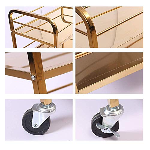 GBX Carretilla de mano portátil multifunción Reciclaje de vehículos, servicio de bebidas con ruedas de titanio Se puede mover Rueda de goma 2 bandejas con barandilla con freno Cocina, carga 30 kg,Oro