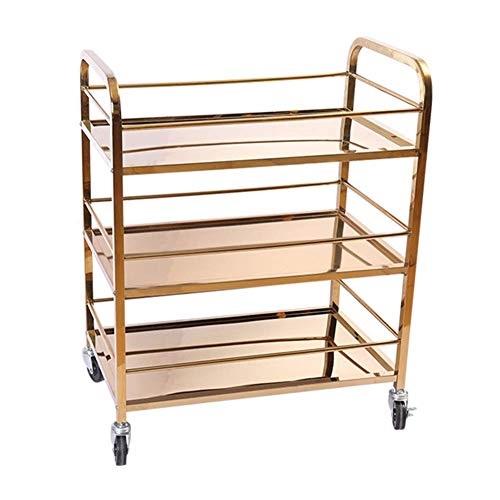 GBX Carretilla de mano portátil multifunción Reciclaje de vehículos, servicio de bebidas con ruedas de titanio Se puede mover Rueda de goma 2 bandejas con barandilla con freno Cocina, carga 30 kg,Oro